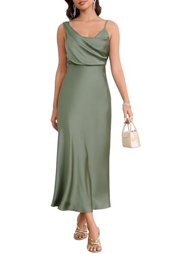 LUNAMODA Women's Summer Satin Dress Elegant Cowl Neck Adjustable Spaghetti Strap Wedding Guest Cocktail Party Maxi Dresses Green, Medium | Amazon (US)