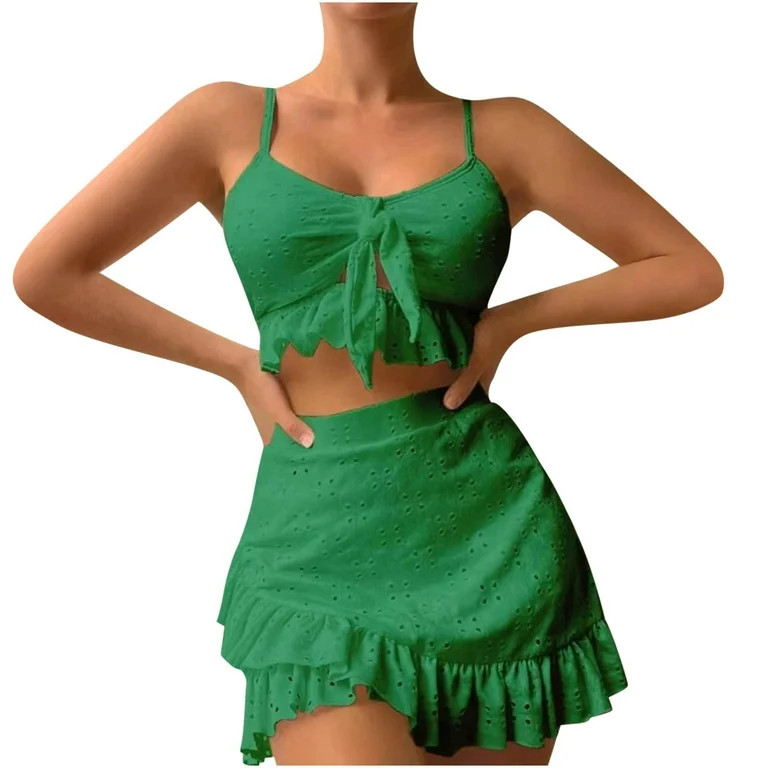 Womens Bikini Sets High Waist Tummy Control Swimsuit 2 Piece Eyelet Bathing Suits with Skirt Swim... | Walmart (US)