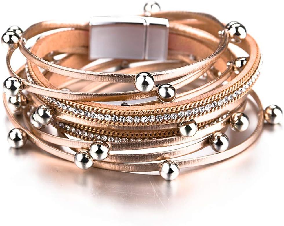 Fesciory Leather Wrap Bracelet for Women, Leopard Multi-Layer Magnetic Buckle Cuff Bracelet Jewelry | Amazon (US)