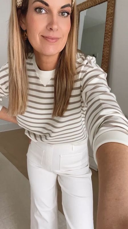 Small tall jeans - size up if between. Xs top. Use code RACHELXSPANX for a discount. 

Spring outfit. White wide leg pants. 

#LTKstyletip #LTKover40 #LTKVideo