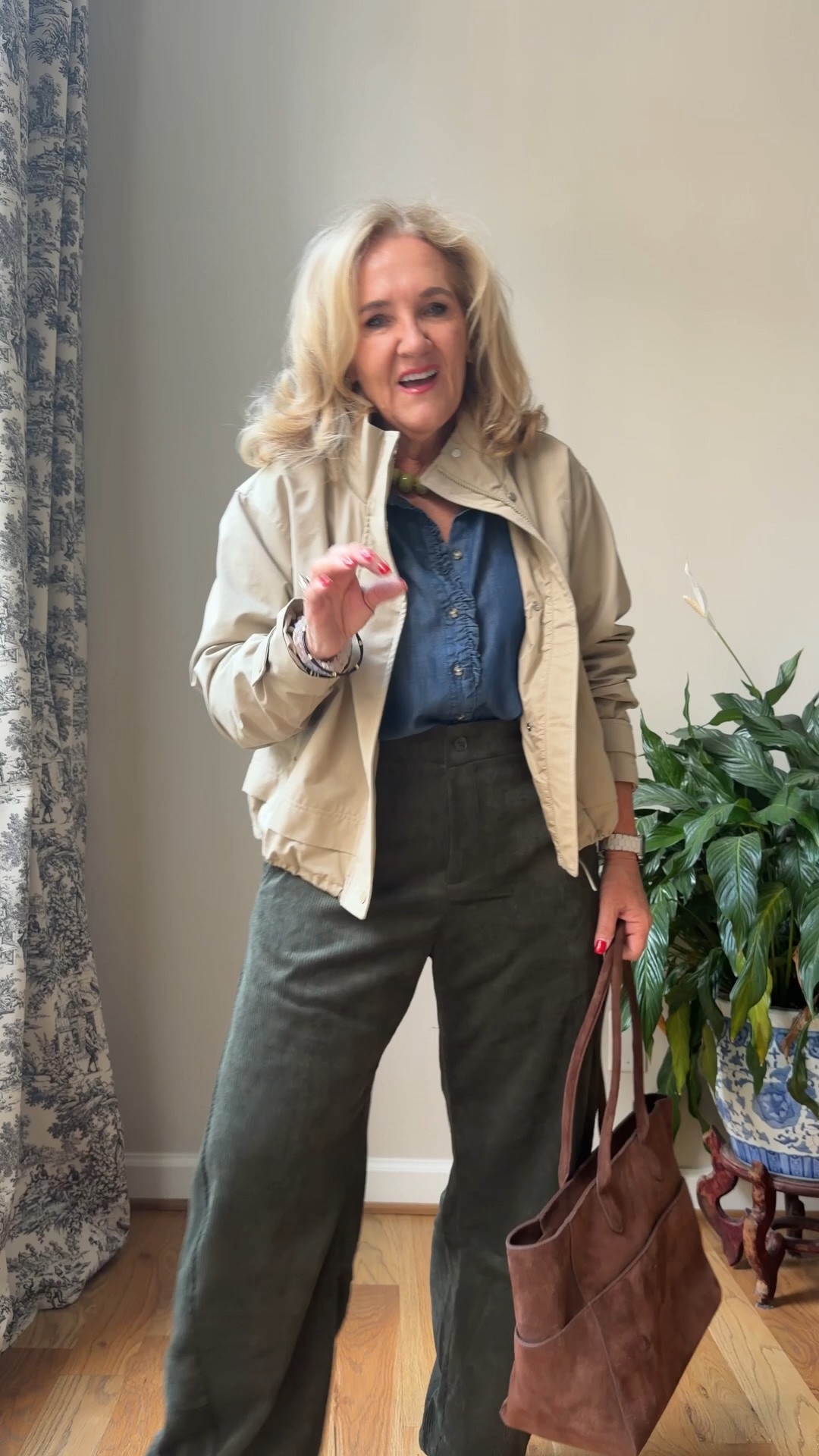 Take $55 off your @Ruti order even these new corduroys barrel pants. I’m wearing a size 10 regular. They do not come in a petite. I did size up. It just depends on how you want them to fit. There’s elastic in the back so plenty of room in the waist.

@athleta Jacket is a medium petite. It is a water, resistant rain jacket, and there’s a hood as well.
Tencel chambray blouse size medium
20% off my bracelet stack code NANETTE20 
Fallout fall travel outfit

#LTKOver40 #LTKootd