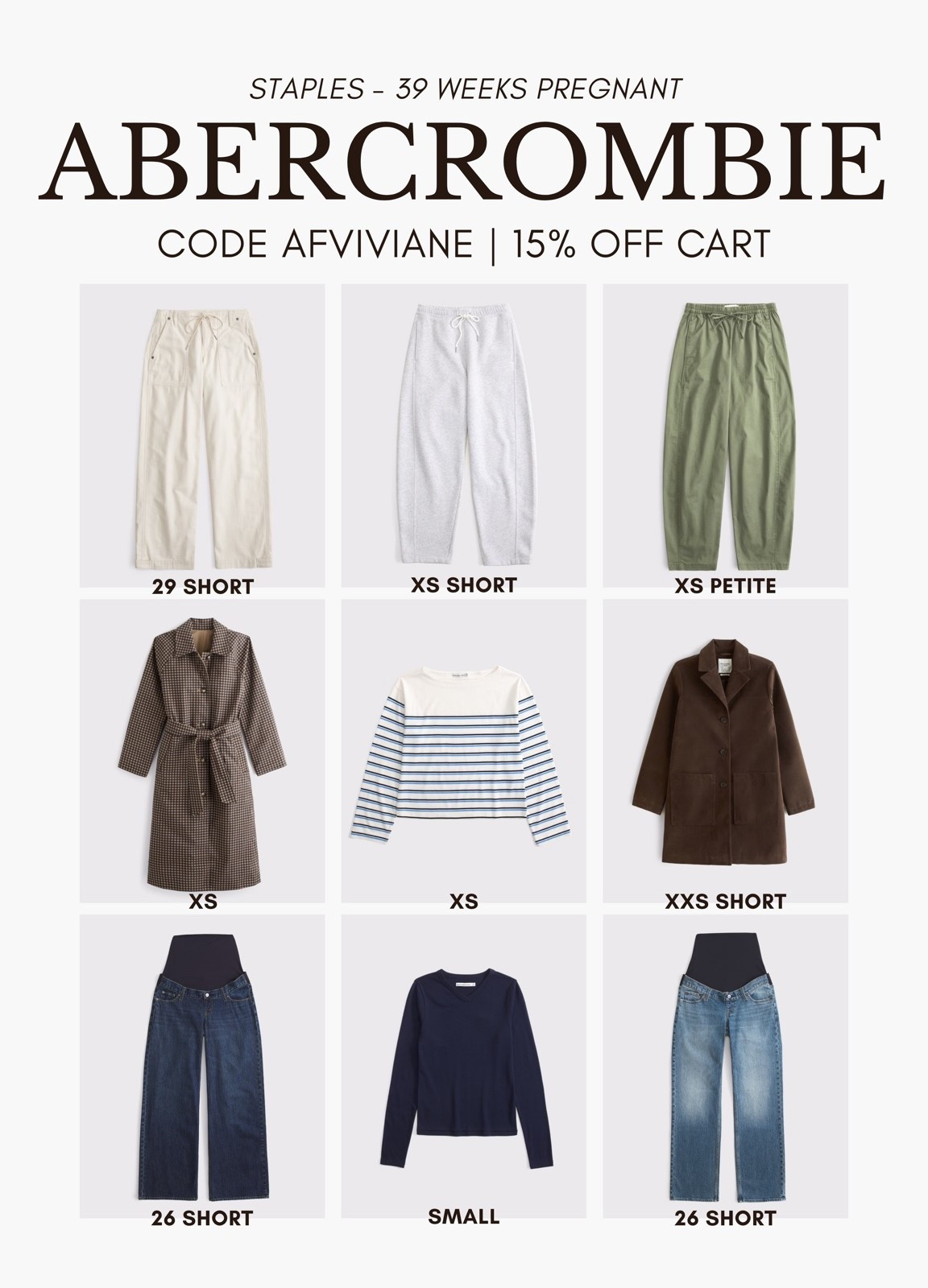 [9/10/26] code AFVIVIANE is live! 

fall forward pieces I am loving from @abercrombie at 39 weeks pregnant 🤎

*Use code AFVIVIANE to get an additional 15% off almost everything in stores and online at checkout from September 10, 2026 to September 14, 2026 in US/CA. Exclusions apply. See details online.

#LTKBaby #LTKPetite #LTKSaleAlert