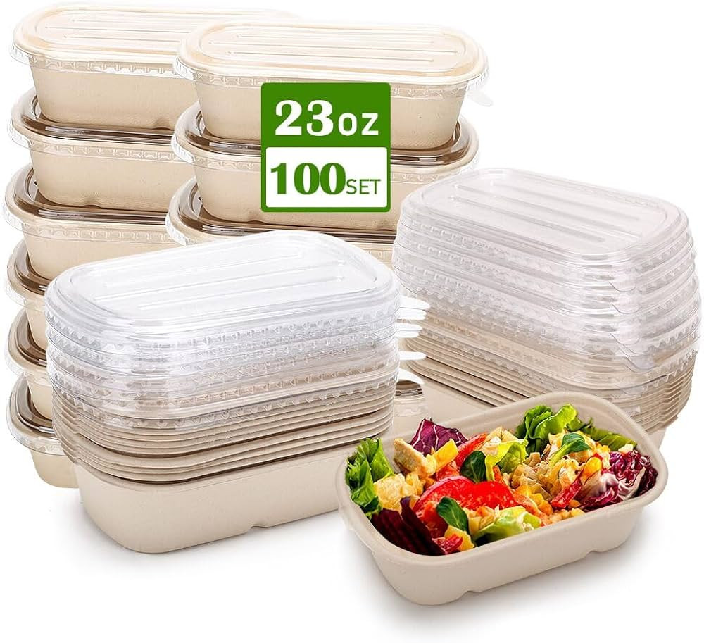 100 Pack 23 Oz Disposable Meal Prep Containers with Lids, Rectangle Paper Bowls with Lids for Sal... | Amazon (US)