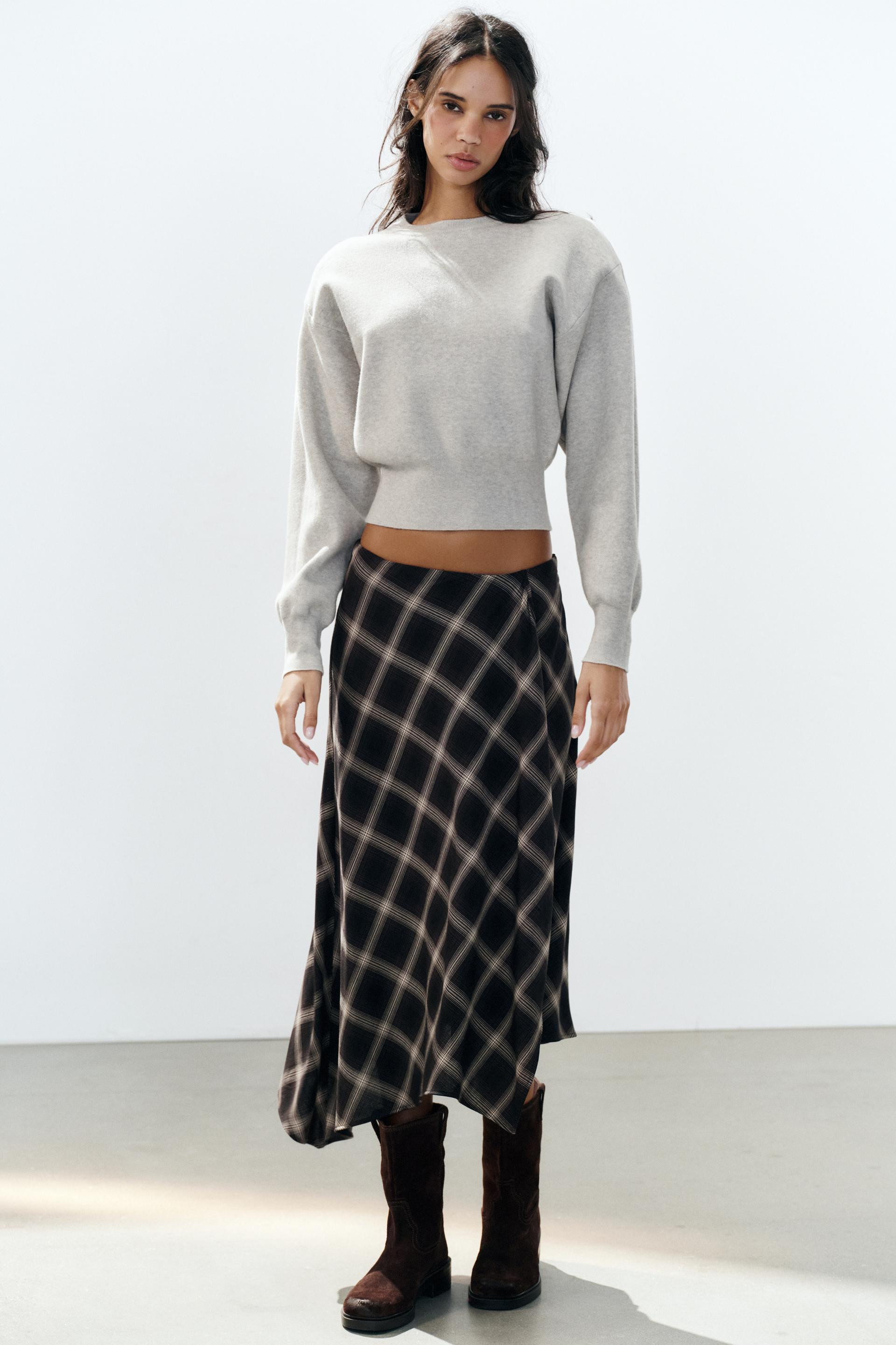 Zara - Asymmetric Check Skirt With Slit - Black / Brown - S - Woman | Zara Canada