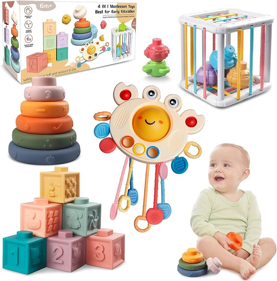 Montessori Baby Toys for Ages 6-18 Months - Pull String Teether, Stacking Blocks, Sensory Shapes ... | Amazon (US)