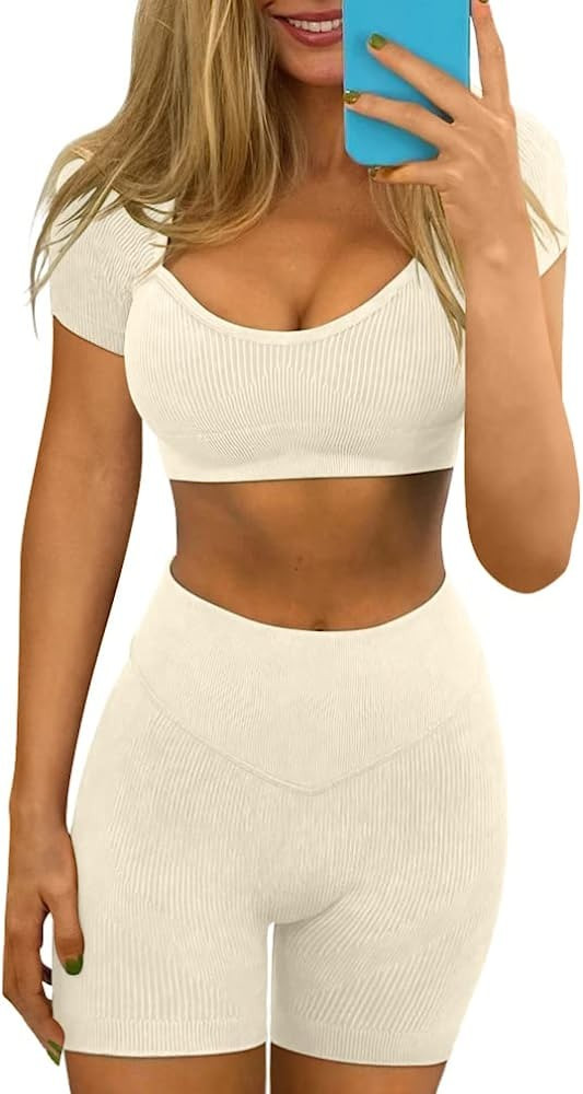 GXIN Women Workout 2 Piece Set Seamless High Waist Sport Shorts Ribbed Sexy Round Neck Short Sleeve  | Amazon (US)
