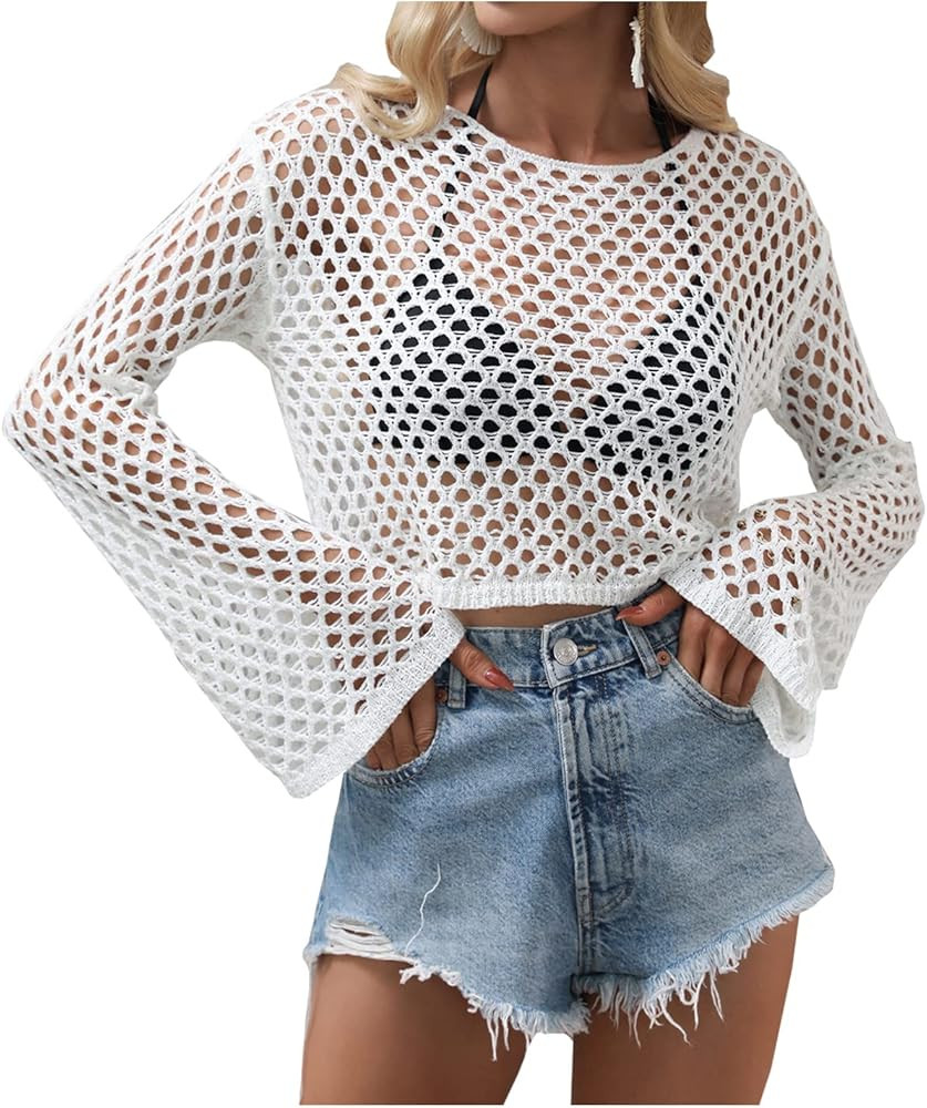 Kedera Womens Cropped Knit Top Long Sleeve Crochet Hollow Out Crewneck Sweater Crop Tops | Amazon (US)