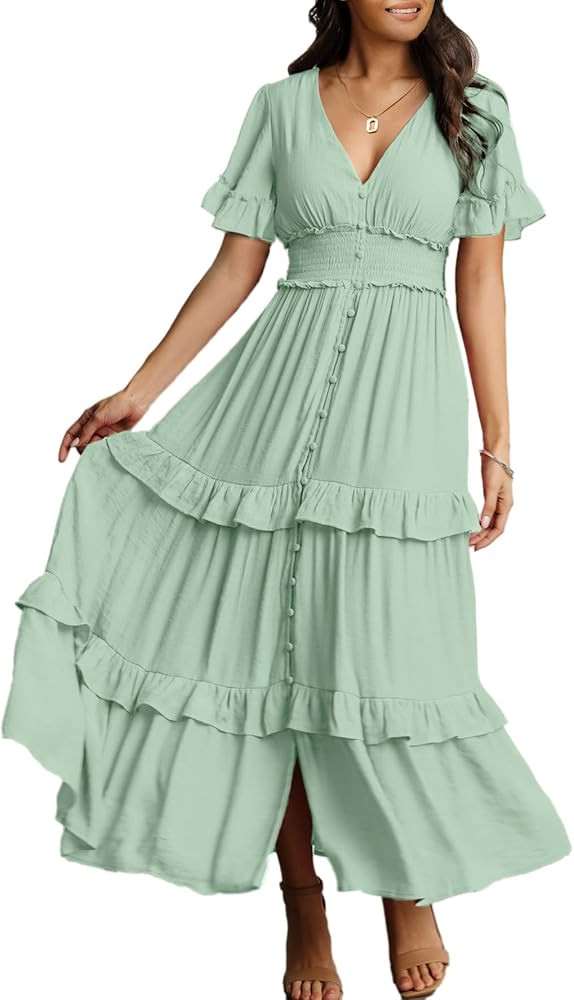 Amegoya Women's V Neck Long Sleeve Boho Maxi Dress 2023 Fall Wedding Guest Long Flowy Engagement ... | Amazon (US)