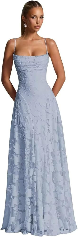 Lace Floral Bridesmaid Dresses Spaghetti Straps Lace Prom Dress Cowl Neck Long Wedding Guest Dres... | Amazon (US)