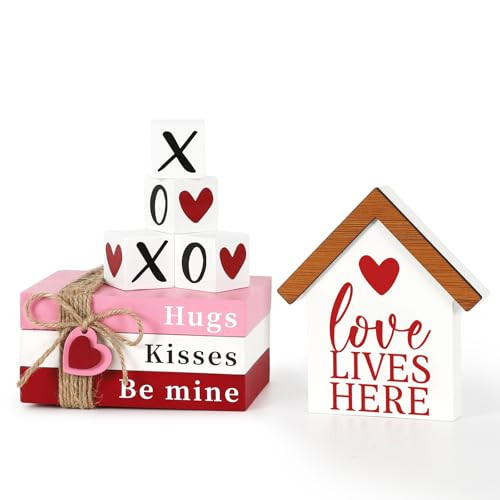 DAZONGE Valentines Day Decorations, Wood Book Stack with XOXO Blocks for Table Shelf Tiered Tray Decor, Freestanding Valentines Day Decor | Amazon (US)