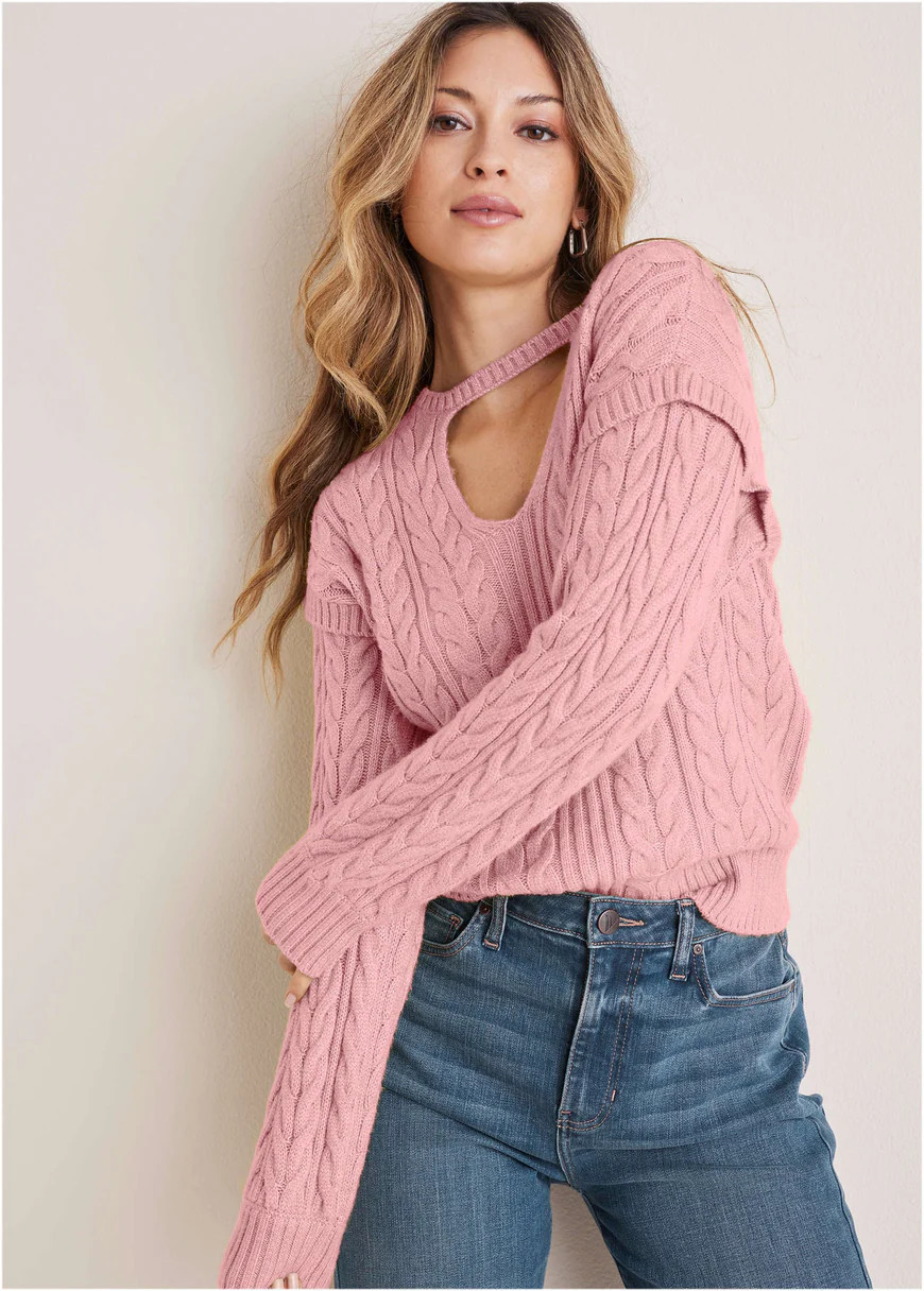 Cable Knit Cut-Out Sweater - Bleached Mauve | VENUS