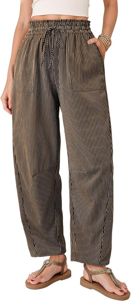 Dokotoo Women's Striped Barrel Casual Pants High Waisted 2026 Elastic Drawstring Trousers | Amazon (US)
