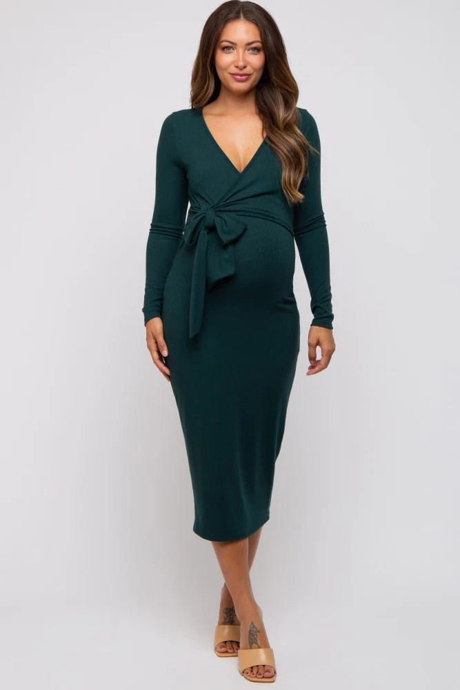 Forest Green Ribbed Long Sleeve Maternity Wrap Dress | PinkBlush Maternity