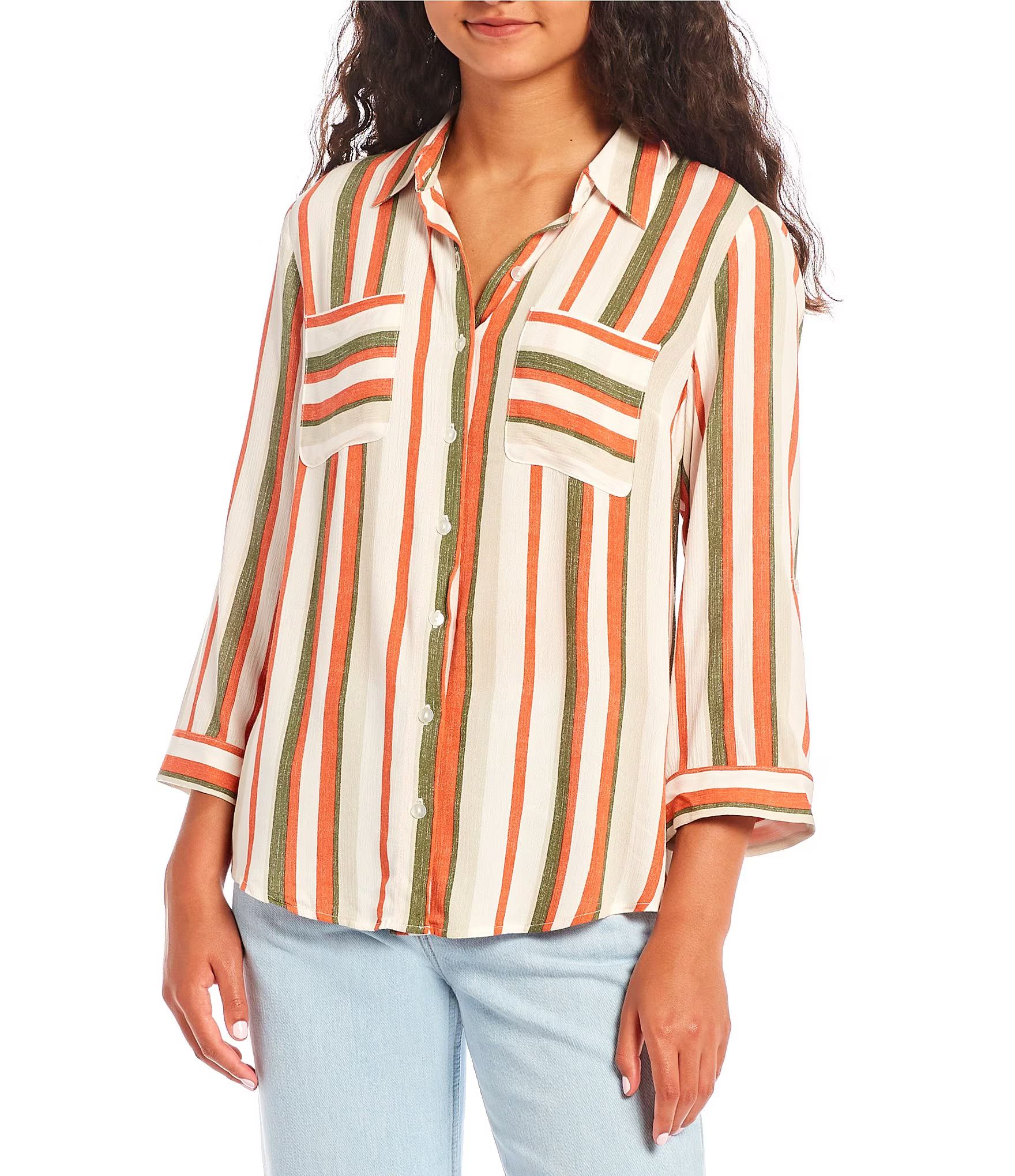 3/4 Sleeve Striped Button Up Shirt | Dillard's