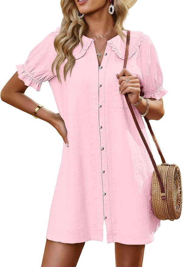 Cicy Bell Womens Puff Sleeve Peter Pan Collar Mini Shirt Dress Button Down Summer Casual Textured... | Amazon (US)
