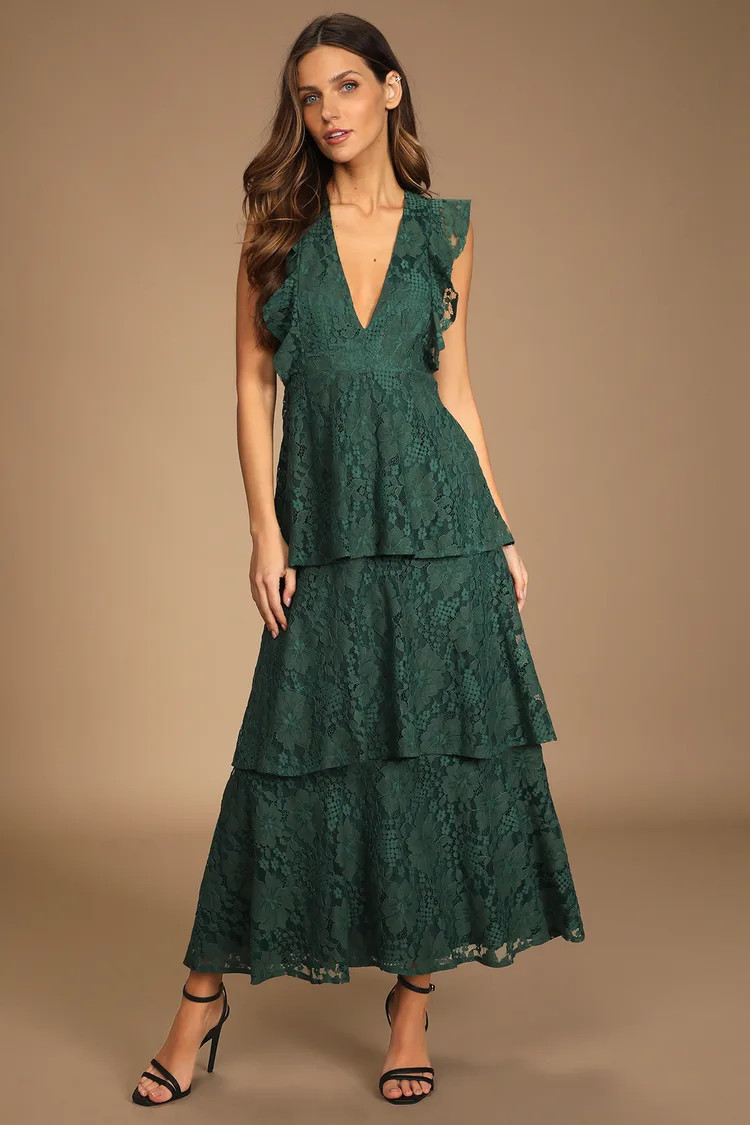 Molinetto Forest Green Lace Ruffled Tiered Sleeveless Maxi Dress Holiday Party Gown #LTKwedding | Lulus (US)
