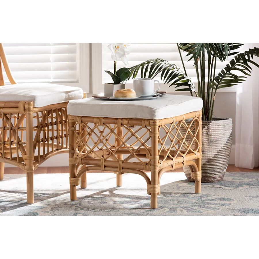 Baxton Studio Orchard Modern Bohemian White Fabric Upholstered and Natural Brown Rattan Ottoman | Walmart (US)