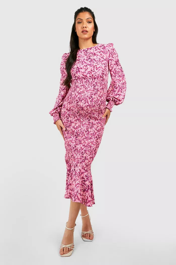 Maternity Floral Shirred Frill Hem Midi Dress | Boohoo.com (US & CA)