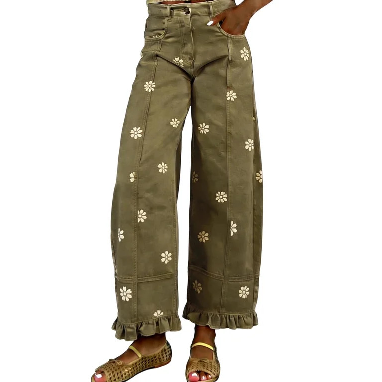 Womens Jeans Barrel Y2k Floral Printed Jeans for Women Trendy Baggy Boyfriend Wide Leg Ruffled St... | Walmart (US)