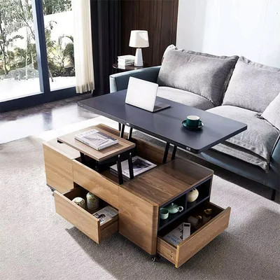 Modern Lift Top Coffee Table Multi Functional Table with 3 Drawers in Walnut & Black-Homary | Homary