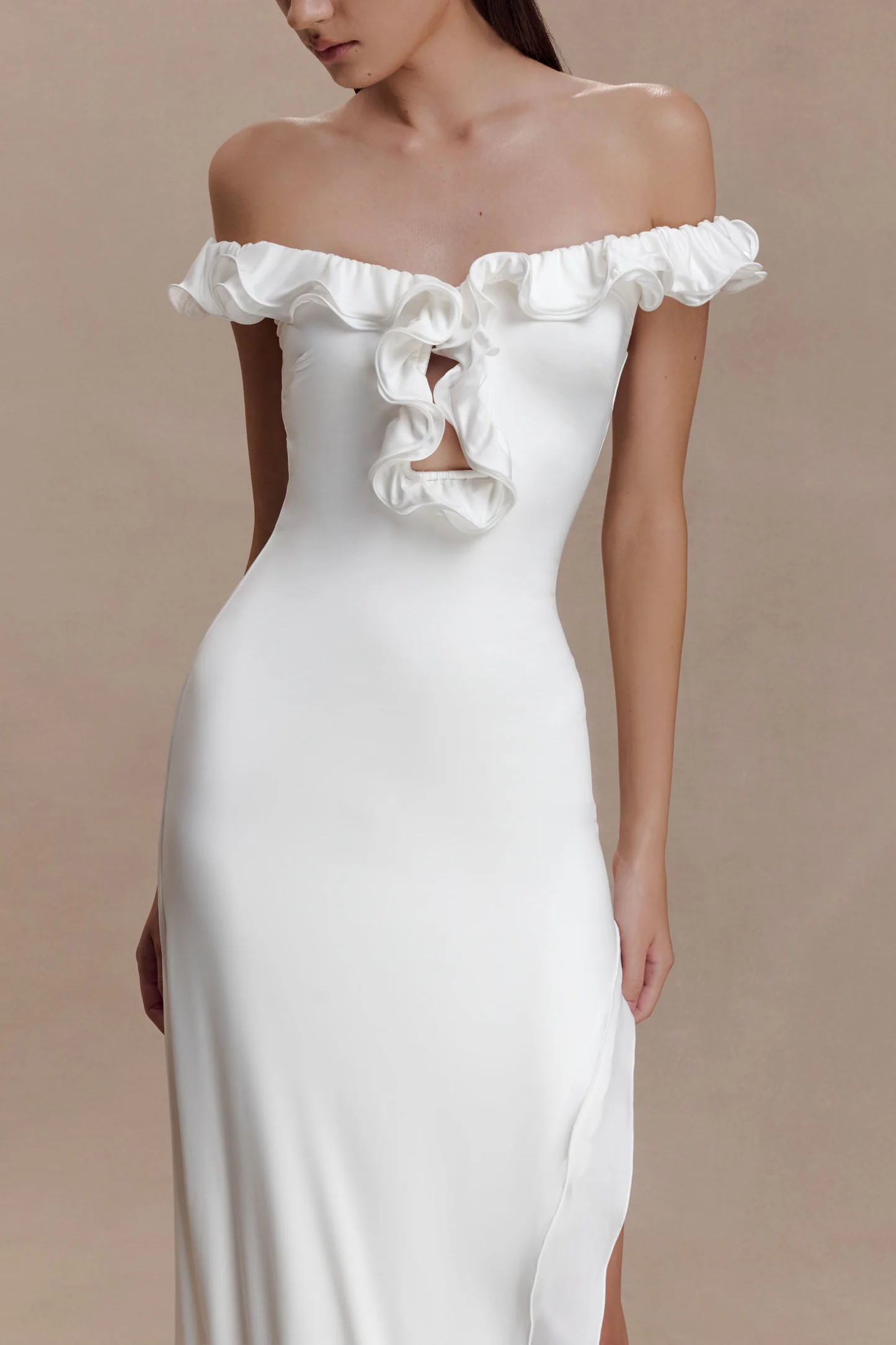 Off Shoulder Ruffle Midi Dress - Ivory | MESHKI US