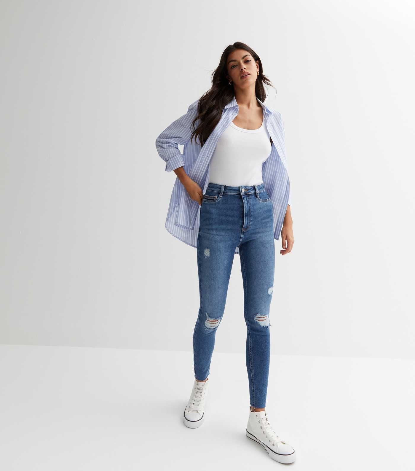 Blue Ripped Knee High Waist Hallie Super Skinny Jeans
						
						Add to Saved Items
						Remov... | New Look (UK)