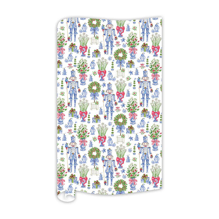 Blue Chinoiserie Ornament Nutcrackers Wrapping Paper | Rosanne Beck Collections
