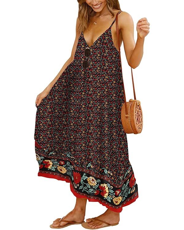 KIRUNDO 2023 Summer Women's Spaghetti Strap Maxi Dress V Neck High Waist Backless Floral Boho Dre... | Amazon (US)