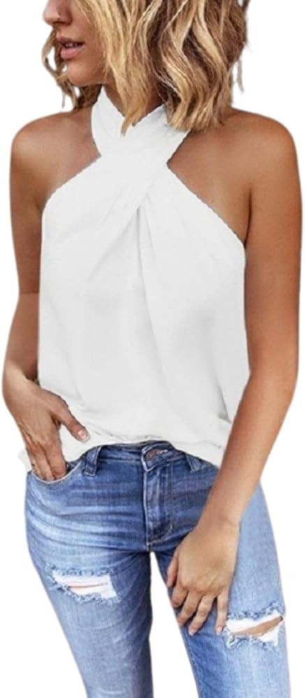 Kwoki Women's Sexy Halter Tank Tops Summer Criss Cross Solid Sleeveless Cami Shirt | Amazon (US)