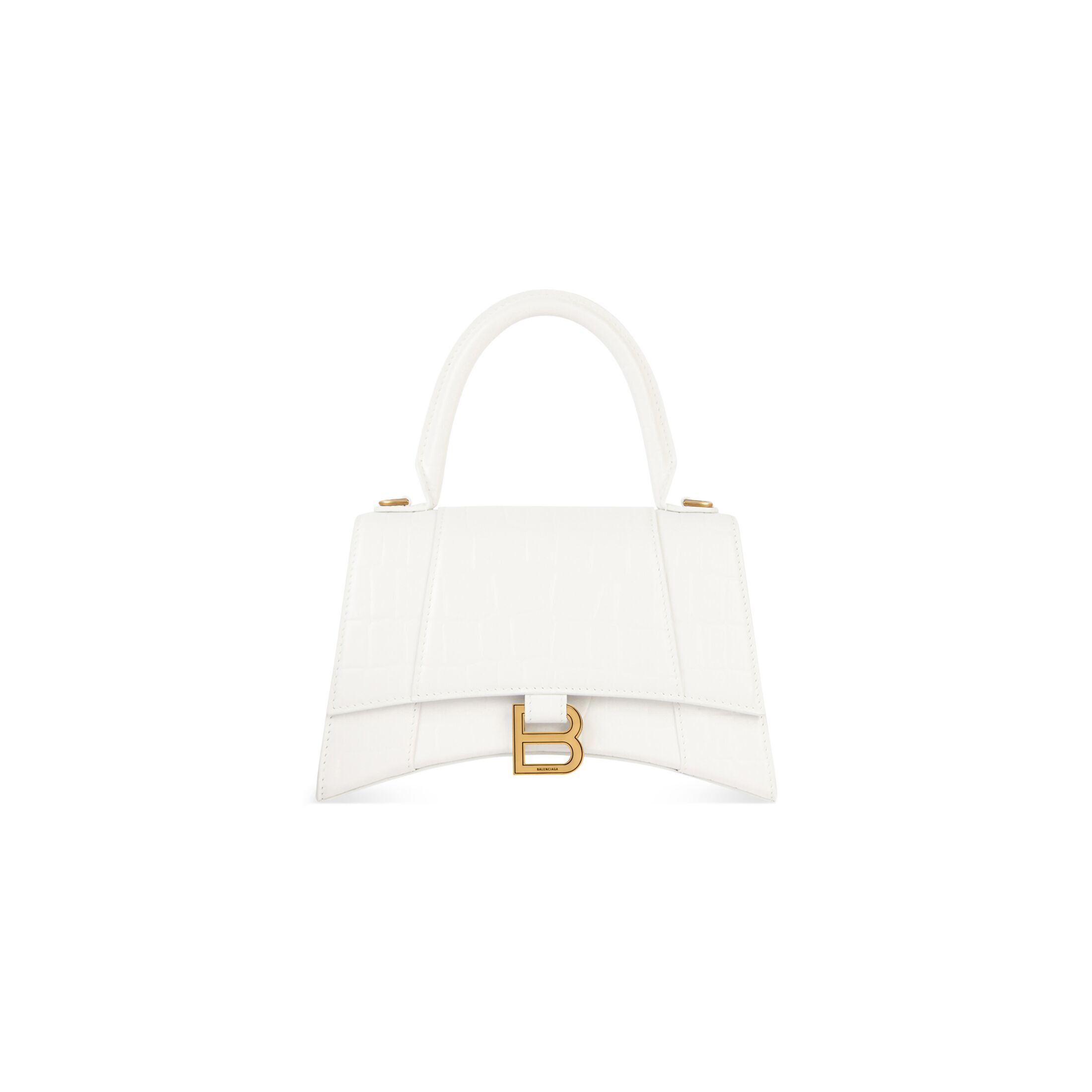 Hourglass Small Handbag in white shiny crocodile embossed calfskin, aged gold hardware | Balenciaga