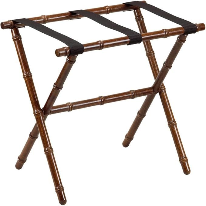 Gate House Furniture Bamboo Inspired Series Nylon Wood Luggage Rack, Dark Walnut/Black | Amazon (US)