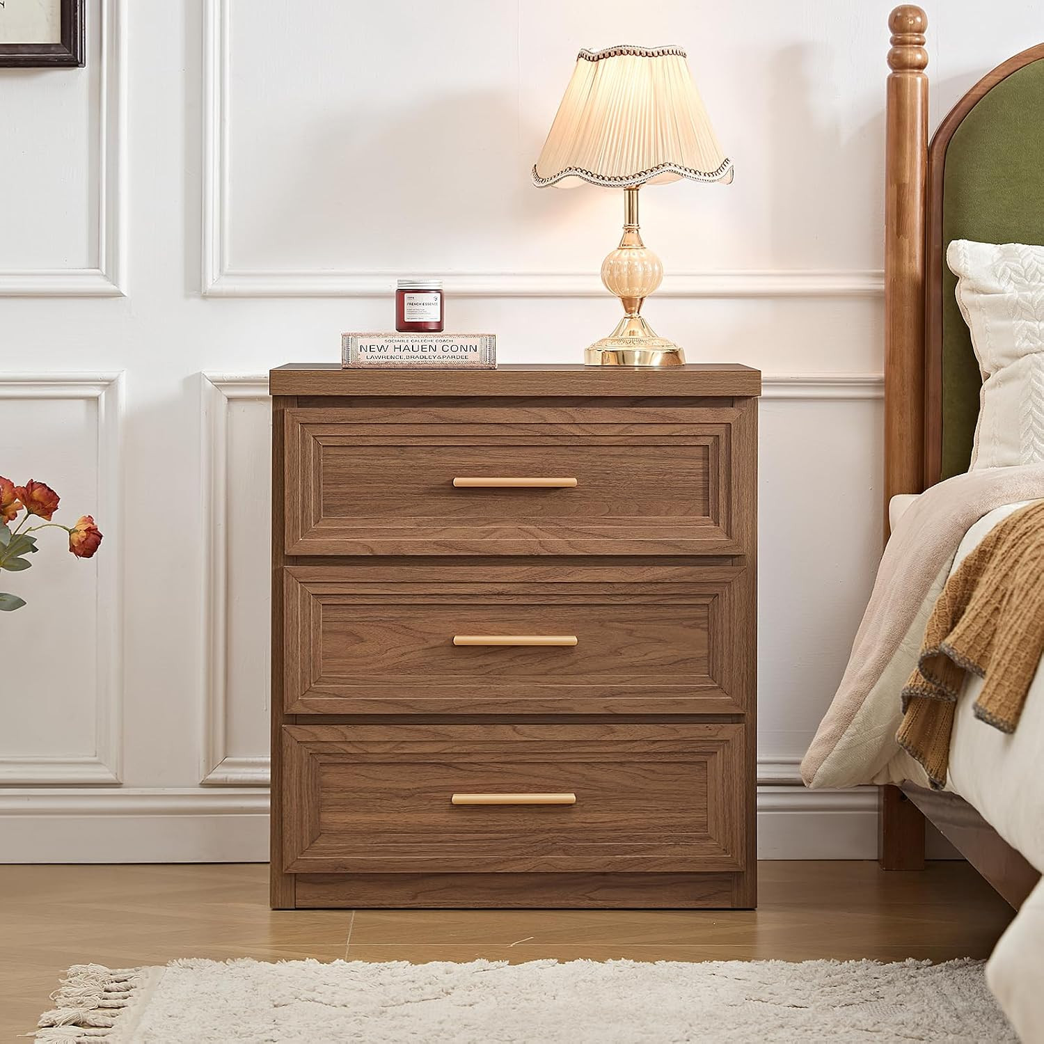 RWYHG Night Stand 3 Drawer Storage 26" Tall Wood with Gold Handle | Amazon (US)