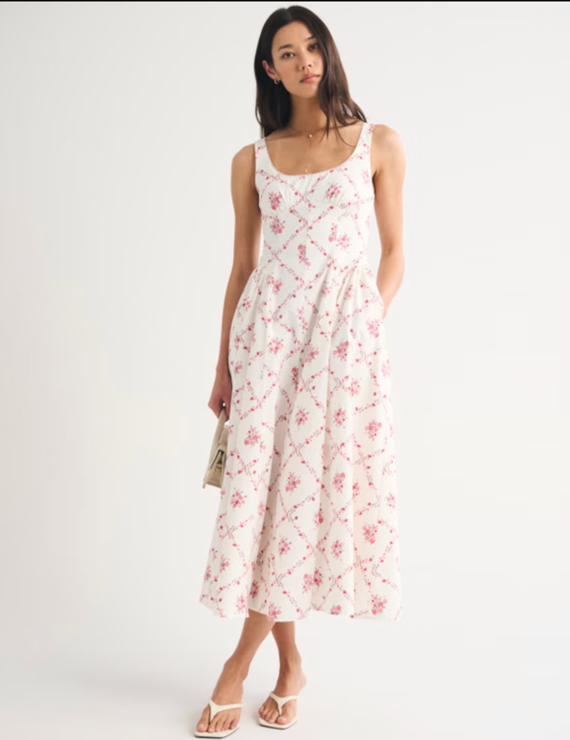 An easy, throw-on-and-go favorite 🤍 The Abercrombie A&F Bra-Free Dylan Midi Dress is part of their bra-free collection with built-in support (removable pads!) so you can skip the bra. I love the scoop neckline with delicate picot trim, adjustable straps, and back smocking for the perfect fit. The dipped waist and flowy skirt make it so flattering and effortless for everyday wear ✨ 

 #LTKFestival #LTKgrwm #LTKootd