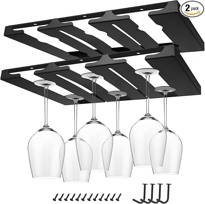 Wine Glass Rack, 2 Pack Under Cabinet Stemware Wine Glasses Holder, Metal Wine Glass Holder Shelf... | Amazon (US)