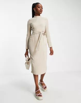 ASOS DESIGN long sleeve midi dress with obi belt in stone | ASOS (Global)