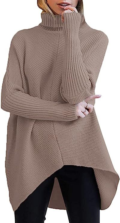 ANRABESS Womens Turtleneck Long Batwing Sleeve Asymmetric Hem Casual Pullover Sweater Knit Tops | Amazon (US)