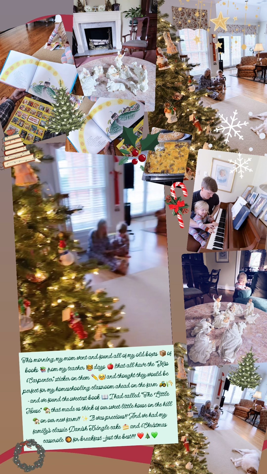 This morning, my mom went and found all of my old boxes 📦 of books 📚 from my teacher 👩‍🏫 days 🍎 (that all have the “Miss Carpenter” sticker on them ✏️🥹) and thought they would be perfect for my homeschooling classroom ahead on the farm 🚜🌾 - and we found the sweetest book 📖 I had called “The Little House” 🏡 that made us think of our sweet little house on the hill 🏡 on our new farm!! ✨ It was precious!! And we had my family’s classic Danish Kringle cake 🍰 and Christmas casserole 🥘 for breakfast - just the best!!! ❤️🎄💚