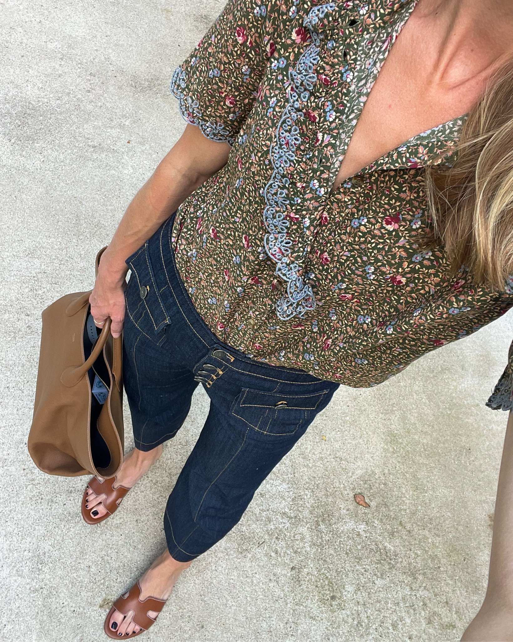 Daily look wearing Sezane blouse, Cinq a Sept jeans (size down), Tuckernuck sandals, KHAITE tote (similar, less expensive also linked). 

#LTKSeasonal #LTKstyletip #LTKitbag