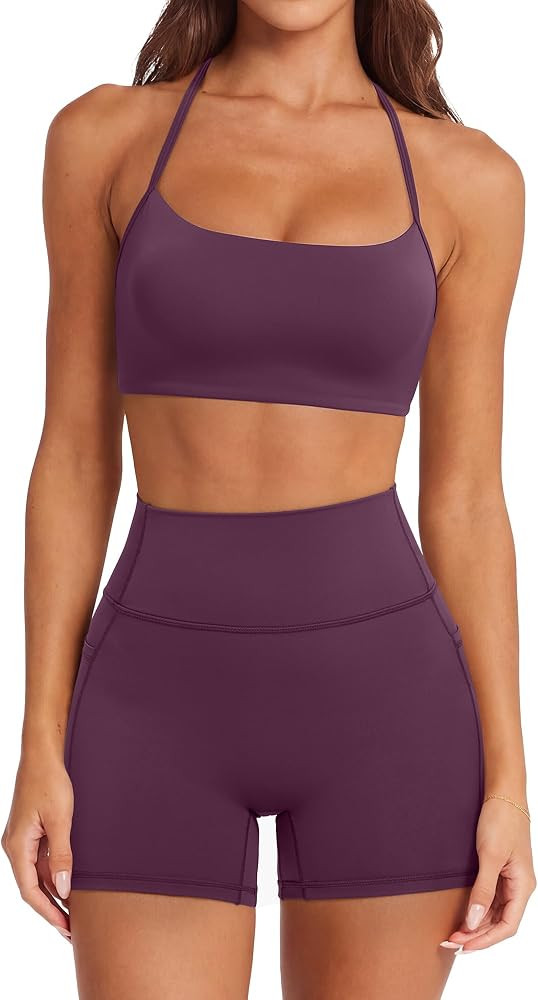 SUUKSESS Women 2 Piece Workout Sets Padded Halter Sports Bras High Waisted Biker Shorts with Pock... | Amazon (US)