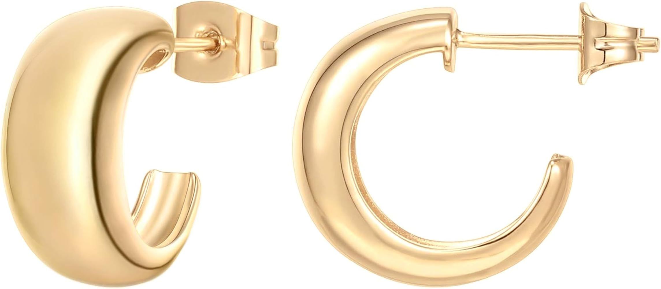 14K Gold Plated Sterling Silver Post Thick Huggie Earrings - Small Round Hoop Earrings in Rose Go... | Amazon (US)