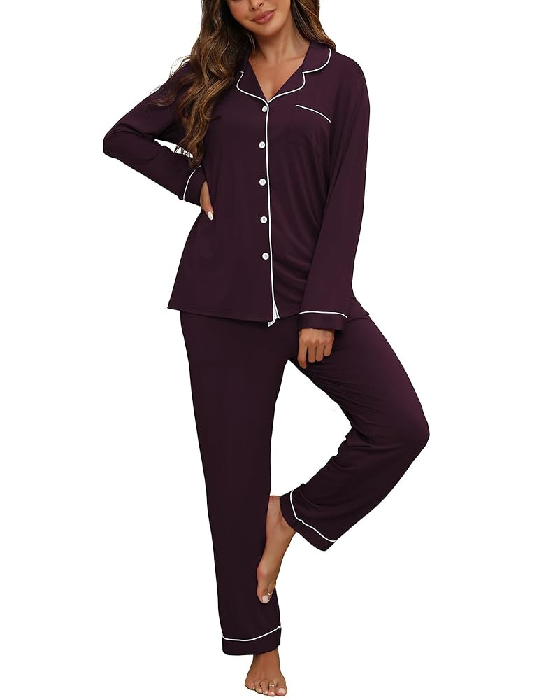 ZMJ Womens Pajamas Sets 2 Piece Long Sleeve and Pant Pj Sets Button Up Sleepwear | Amazon (US)