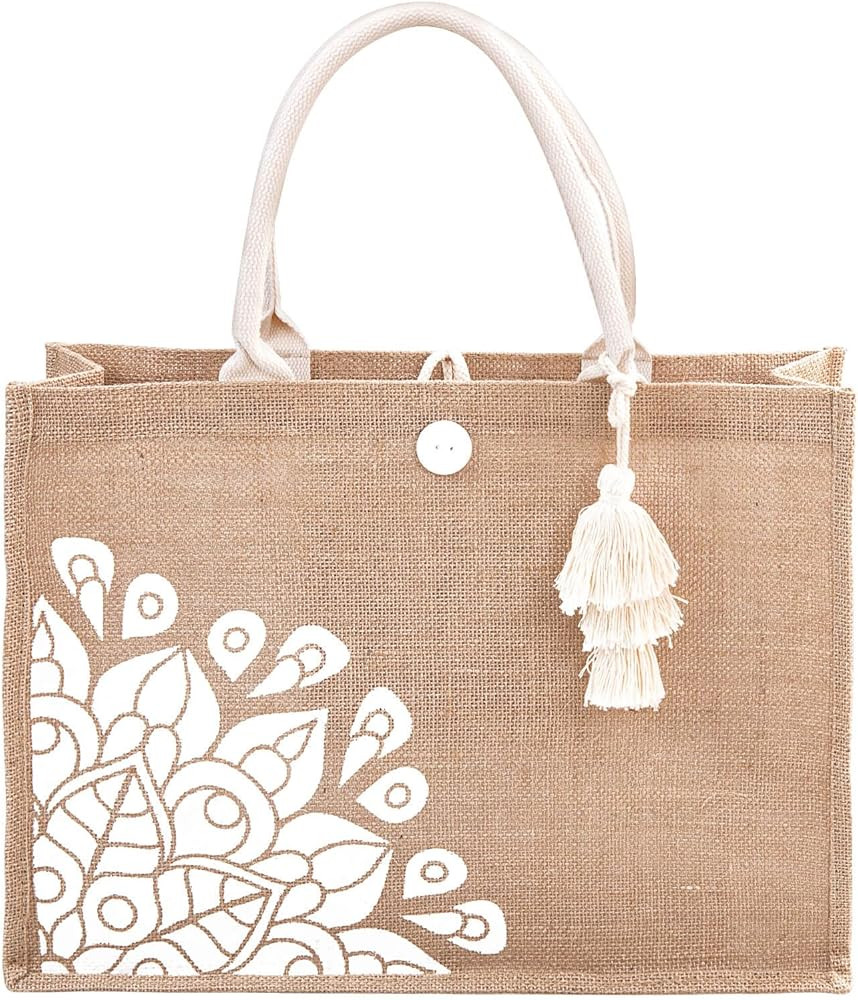 Cute Reusable Grocery Bags,Jute Shopping Tote Bag Trendy Handbag with Packet and Tassel,Large Eco Ae | Amazon (US)