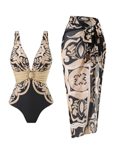 SherryDC One Piece Swimsuit with Cover up Wrap Skirt Sarong Floral Print Plunge V Neck Bathing Su... | Amazon (US)