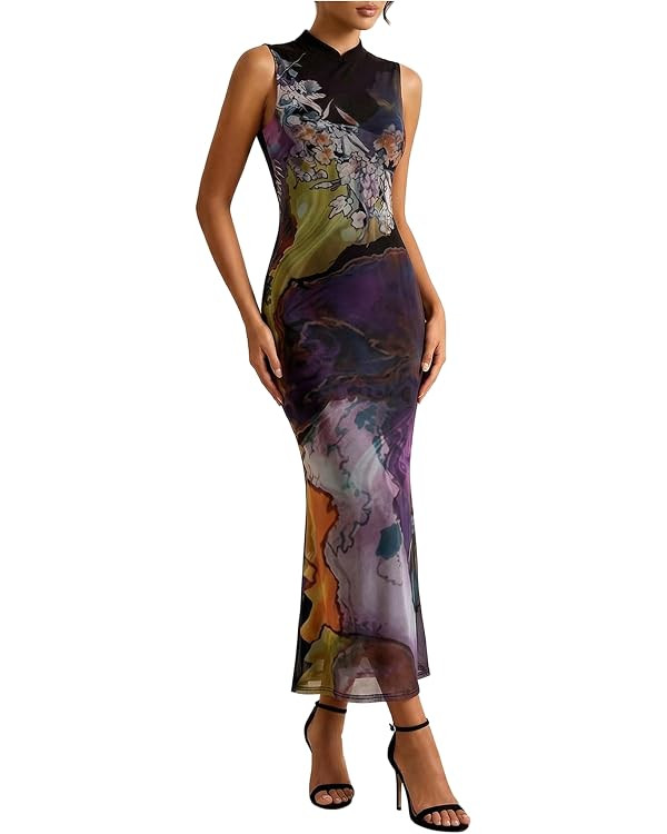 Milumia Women's Cheongsam Dress Floral Print Sleeveless Mock Neck Bodycon Maxi Dress Elegant Fish... | Amazon (US)