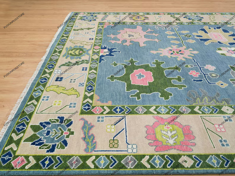 Handmade Contemporary Oushak Rug in Sky Blue | Green Accent hand knotted Rug | Floral Multi Size ... | Etsy (US)