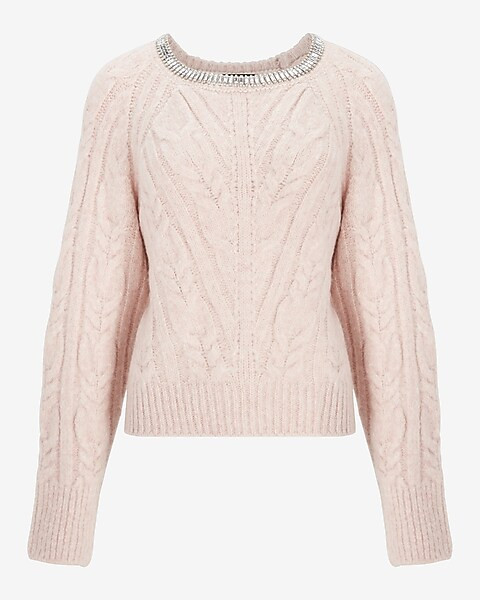 Cable Knit Embellished Neckline Sweater | Express