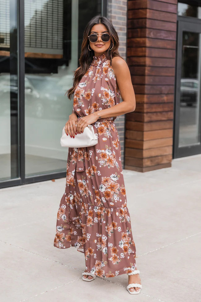 Short Notice Floral Mauve High Neck Maxi Dress | Pink Lily