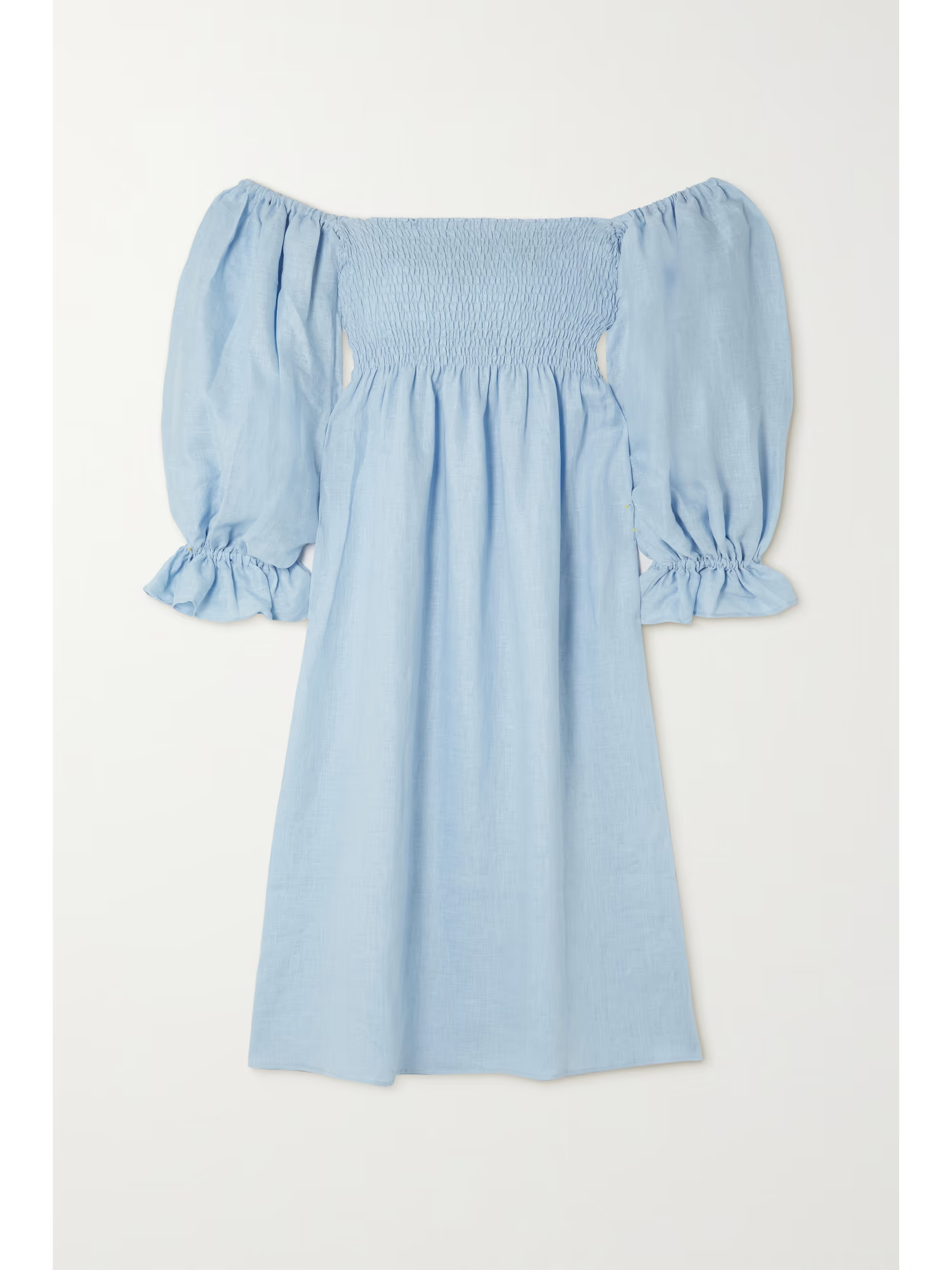 Sky blue + NET SUSTAIN Atlanta off-the-shoulder shirred linen midi dress | SLEEPER | NET-A-PORTER | NET-A-PORTER (UK & EU)