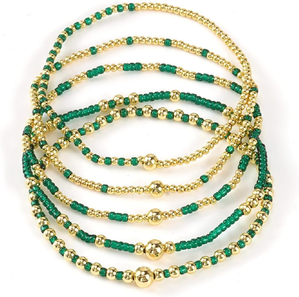 Bohemia Multilayer Resin Beaded Stackable Bracelets Set Colorful Surfer Heishi Gold Beaded Stretch Bracelets Friendship Elastic Wristbands for Women Men Summer Beach Boho Vacation Jewelry | Amazon (US)