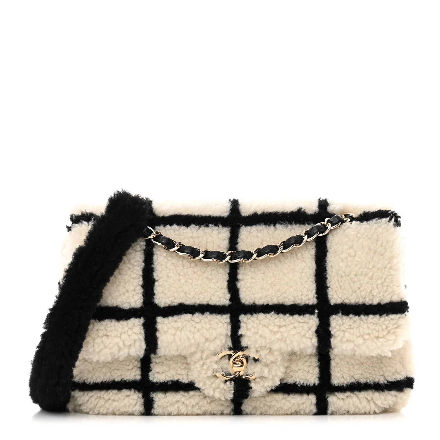 Shearling Lambskin Large Fluffy Tartan Single Flap White Black | FASHIONPHILE (US)